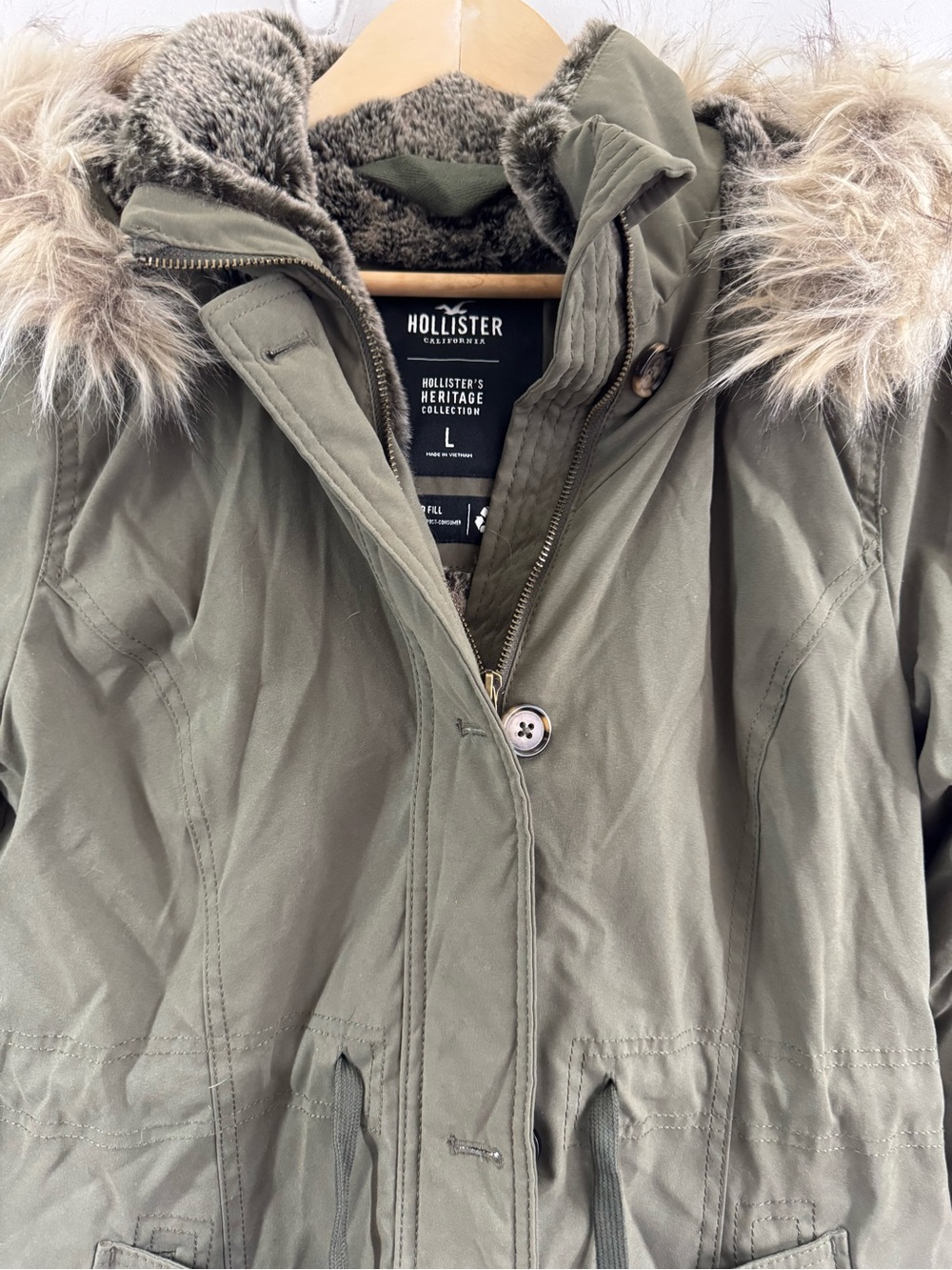 Hollister olive green sherpa-lined faux-fur trimmed hooded parka Size large - Picture 3 of 13